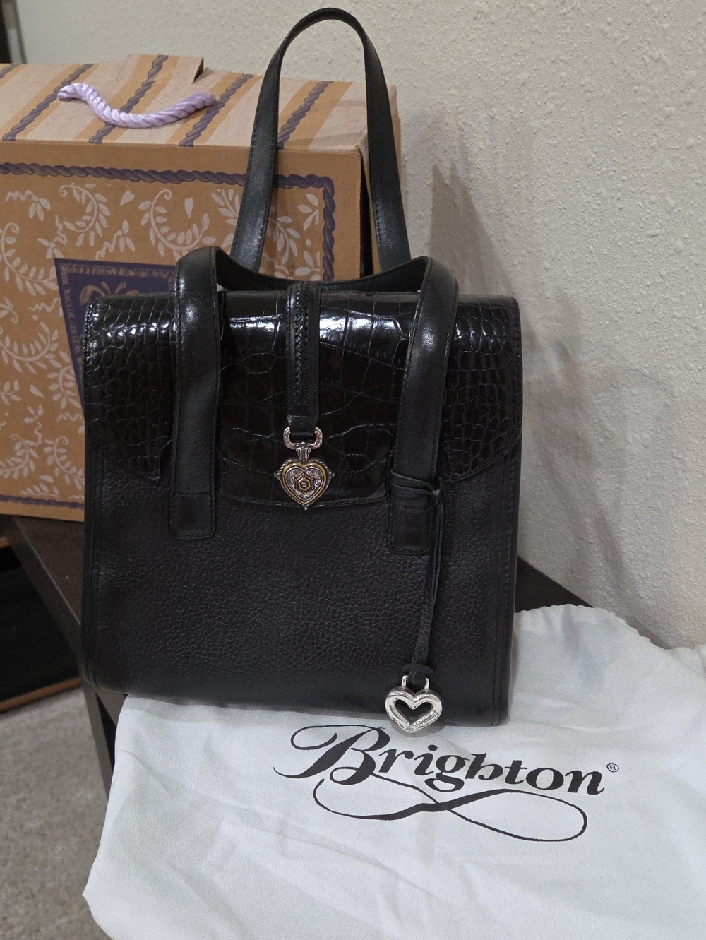 Brighton Black Leather Croc Embossed With Box And Dust Cover